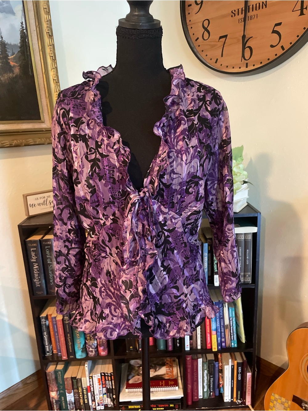 Purple Floral Ruffle Tie-Front Blouse